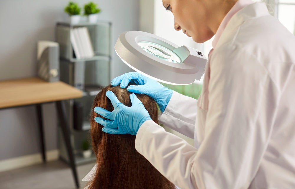 Clinician examining a scalp prior to PRP Hair Treatment
