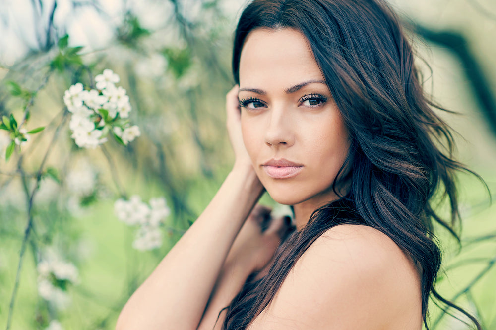 hair shedding in spring beautiful woman with perfect skin
